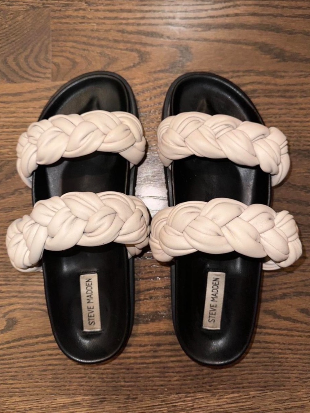 Steve Madden Braided Double-Strap Slide Sandals in Cream and Black